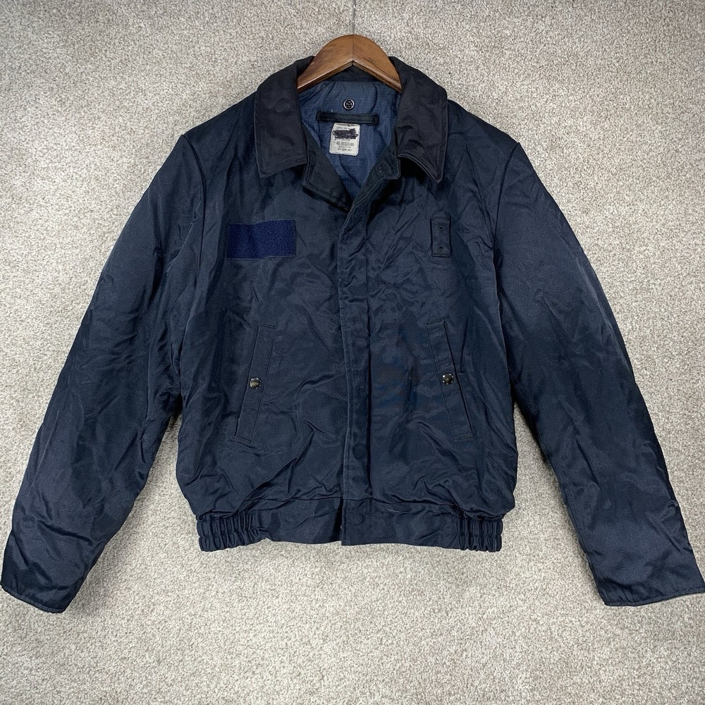 VTG 80s USAF 40R Military Patrol Police Bomber Jacket Navy Blue Scovill